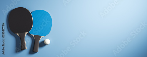 Table tennis paddles with ball on light blue gradient background as clean sporty banner mockup with copyspace for creative design template. 3D Rendering