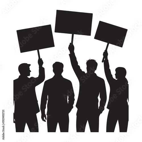 Silent Solidarity: Silhouette of individuals raise blank placards, their forms standing against backdrop representing unity and advocacy. A visual statement on collective action and protest.