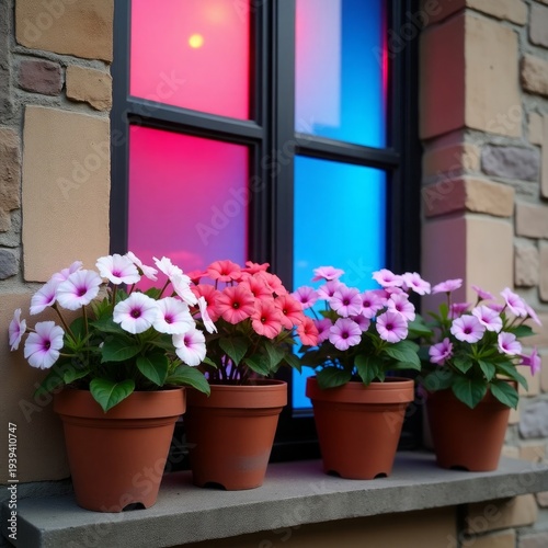 Potted flowers on windowsill with colorful window reflections