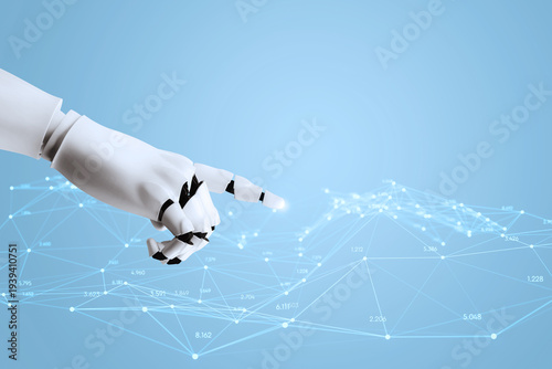 Robot hand pointing at digital network nodes on light blue background symboli...