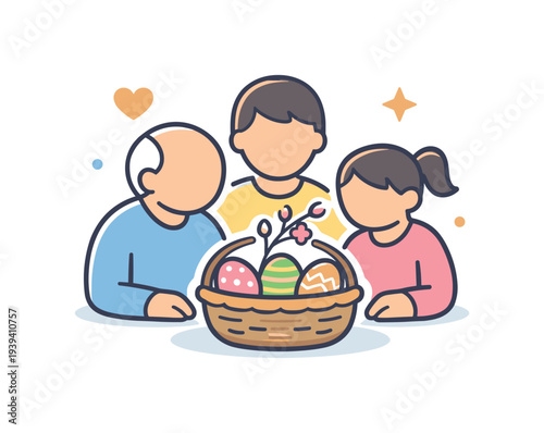 Family gathering around a basket of colorful Easter eggs for celebration
