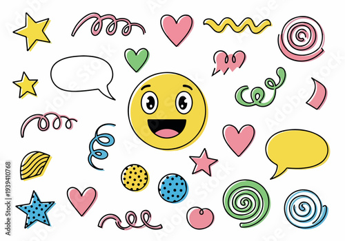 A vibrant collection of doodles featuring a smiling emoticon surrounded by various colorful shapes and symbols on a plain background viewed from directly above