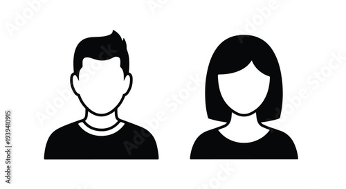 Simple black and white illustration of a man and woman with blank faces on a white background.