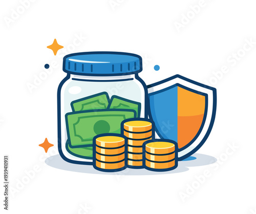 Secure savings jar with money and coins protected by a shield