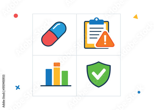 Medical icons representing health, safety, data, and warnings in a grid layout