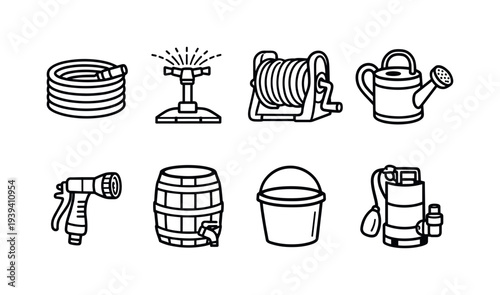 Collection of garden watering equipment icons in a clean line art style