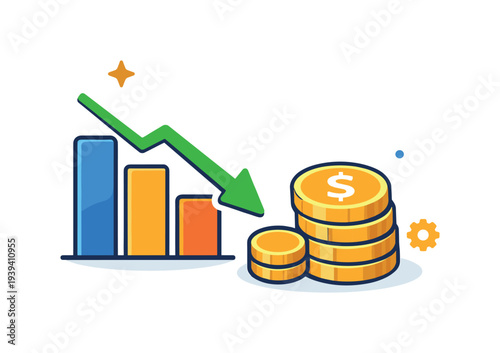 Financial chart showing a downward trend with stacks of gold coins and a green arrow