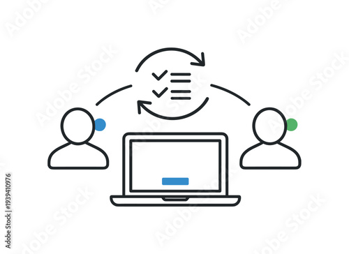 Two people collaborating on a project using a laptop and task list icons