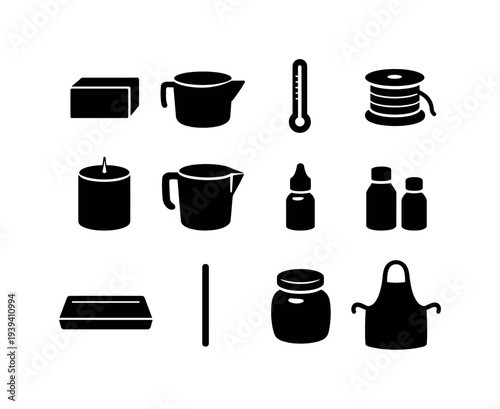 Collection of black icons representing tools and ingredients for crafting candles and soaps