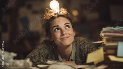 Young woman writer idea light bulb desk smile evening messy workspace young woman writer idea light bulb desk smile evening