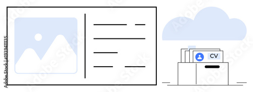 Resume management. Digital resumes stored in cloud storage for seamless organization. Resume tools simplifying access, sharing, and updates. For HR, cloud computing, digital filing, recruitment