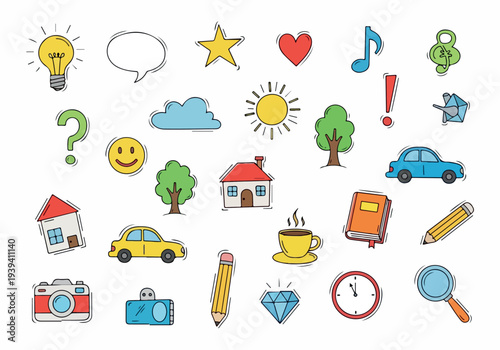 Collection of colorful icons representing daily life, objects, and emotions in a flat design style