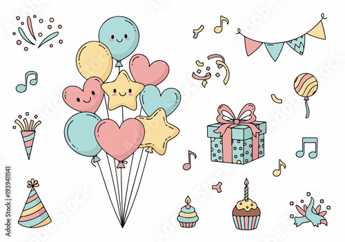 A festive collection of colorful balloons, party hats, and gifts floating together, surrounded by celebratory decorations and treats in a lively scene from a joyful viewpoint.