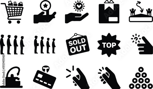 Set of 16 business icons vector, black on white background
