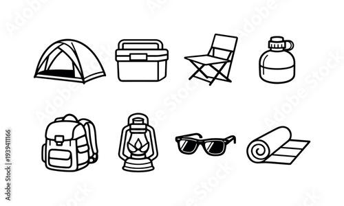 Collection of camping and outdoor adventure gear icons in a simple line art style