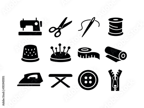 Collection of sewing and tailoring icons representing various tools and materials for crafting