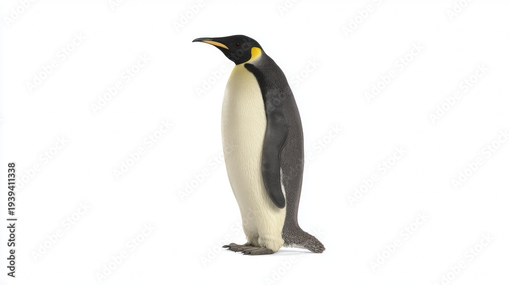 Obraz premium Penguin standing upright, likely an emperor penguin, in a studio environment against a plain background.