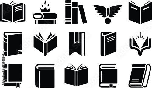 Set of 13 book icons vector, black and white