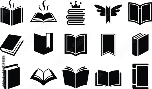 Set of 13 book icons vector, black and white