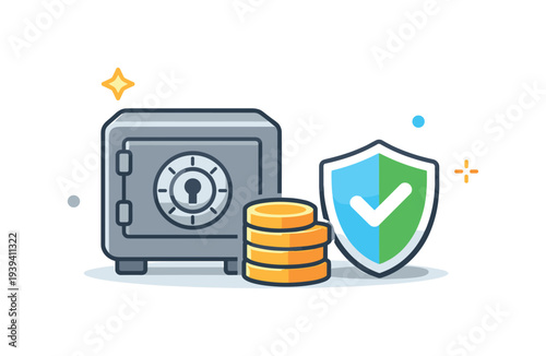 Secure savings and financial protection with a safe, coins, and shield icon