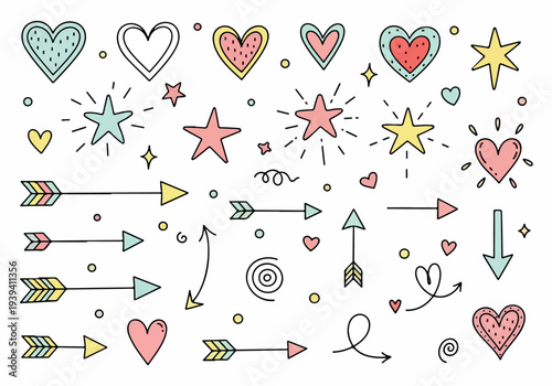 Hand-drawn set of hearts, stars, and arrows in various designs and colors, isolated on a clean background, viewed from a straightforward perspective.