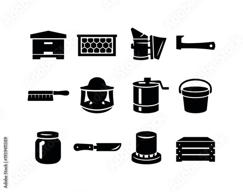 Collection of beekeeping equipment icons, representing tools for honey production and apiary management