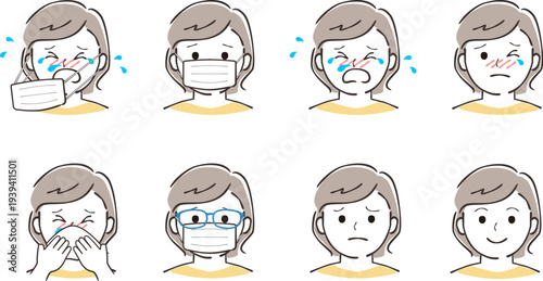 花粉症などの女性の表情イラスト