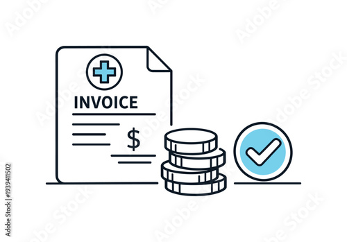 Medical invoice with coins and a checkmark, symbolizing payment and approval