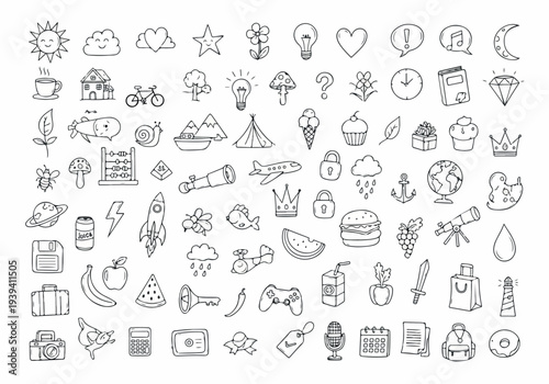 Cuadro en lienzo Collection of various simple line icons representing different objects and concepts, displayed on a clean background, viewed from a straightforward perspective