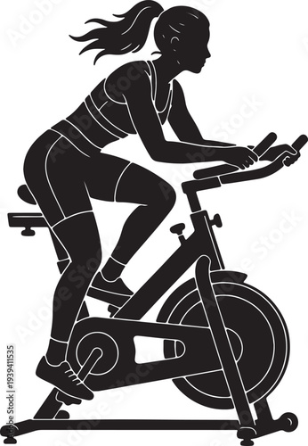 Minimalist black silhouette illustration of a woman training on a stationary exercise bike for fitness and indoor cycling design
