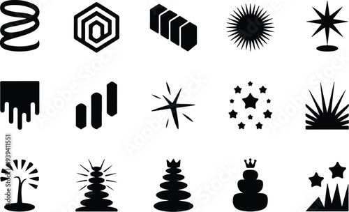 Set of 16 abstract icons vector, black on white background