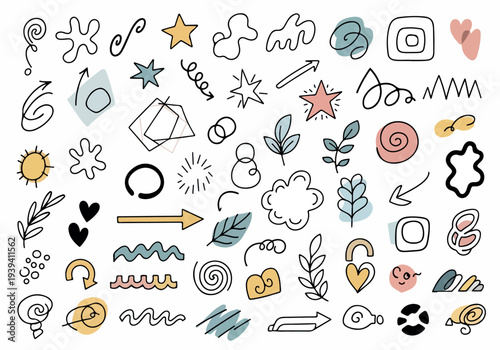 A collection of hand-drawn icons and symbols in various colors and styles are scattered across a clean background from a direct viewpoint.