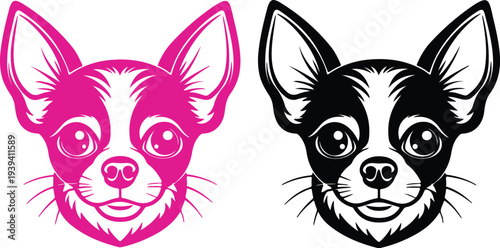 Cute Chihuahua dog head illustration set in black and pink colors, small puppy face mascot vector for pet lover design, dog logo icon and animal character graphic
