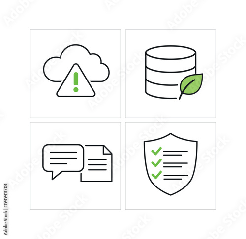 Set of four modern flat icons representing cloud warning, eco database, communication, and security checklist