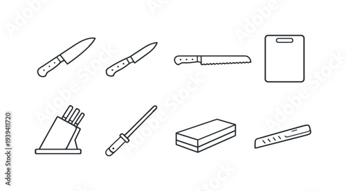 Collection of kitchen knives and accessories in a clean line art style