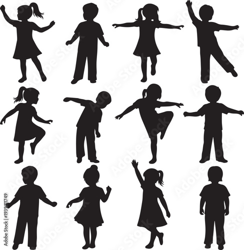 Children playing and dancing silhouette. Male and female kid activity. Good use for symbol, logo, web icon, mascot, sticker design, or any design you want