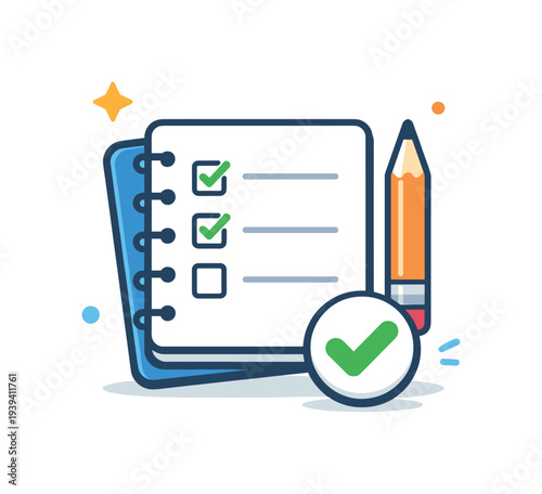 Checklist with pencil and green checkmark, symbolizing task completion and success
