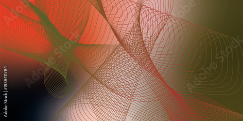 Flowing red, green, and black glowing ribbons twisting over a dark, moody background sprinkled with tiny sparkling particles, futuristic digital technology scene, vector style.