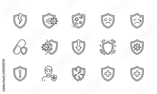 Immune Dysfunction Icons Set. Health Disease Protection Line Icons Vector Illustration