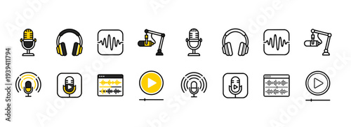 Podcast Icons Set. Audio Streaming Recording Media Fill and Stroke Icons Vector Illustration