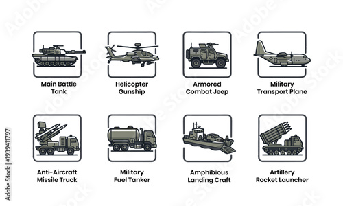 Military Vehicles Icons Set. Army Transport Defense Equipment Icons Vector Illustration