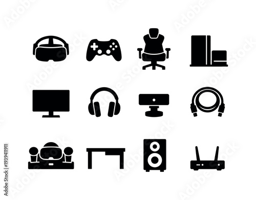 Collection of black icons representing modern gaming and computer equipment on a white background