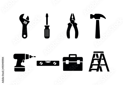 Collection of black tool icons on a white background, representing construction and DIY projects