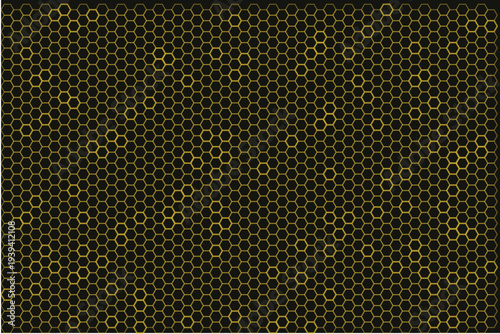 A bright pattern of small yellow glowing hexagons creates a futuristic interconnected grid on a dark surface