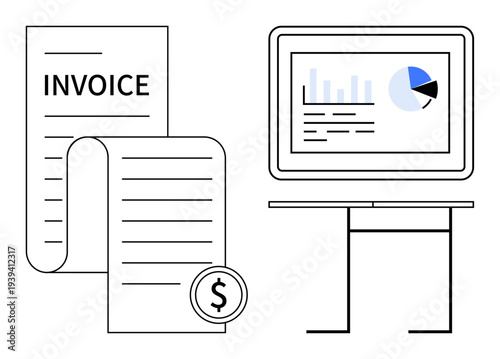 Financial planning, accounting software, business analytics, invoicing, data management, expense tracking. A computer screen displays graphs beside an invoice and dollar symbol. Financial planning
