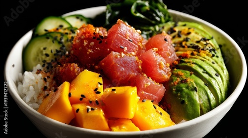 A bowl of sushi with raw fish, vegetables, and spices, including avocado, cucumber, seeds, and seasoning, suggesting a healthy and flavorful meal.