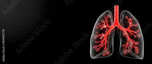 3D medical illustration of the human respiratory system showing the trachea and bronchi, dark background with copy space