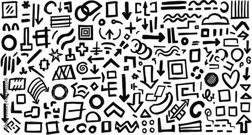 A collection of various black and white symbols icons and shapes on a plain background for design and graphic use