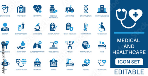 Medical and healthcare icon set. featuring hospital, doctor, pharmacy, and emergency elements in blue flat style for clinical reports, health apps, and professional healthcare web design.