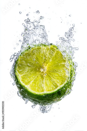 Splashing lime drink with fresh lime wedge and water droplets falling.